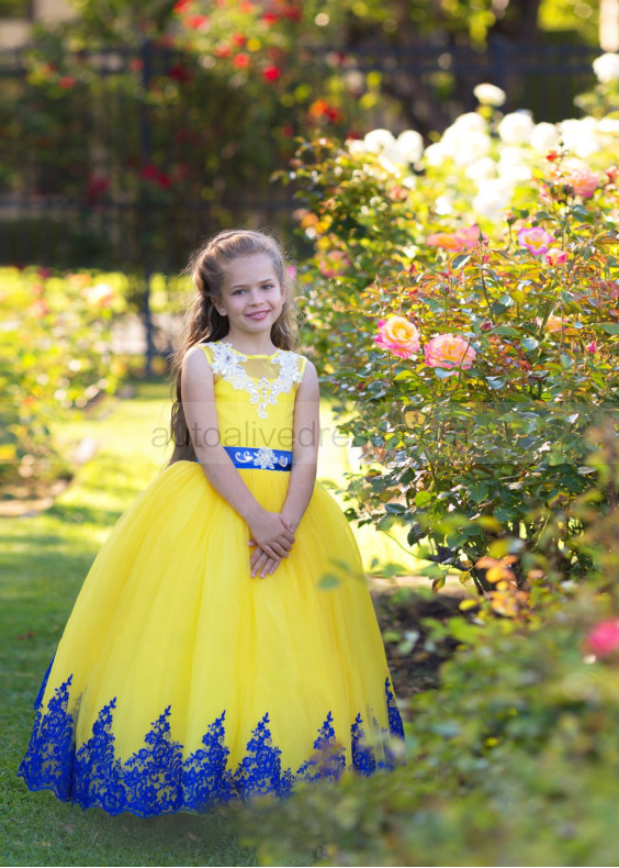 Yellow Tulle Lace Keyhole Back Flower Girl Dress